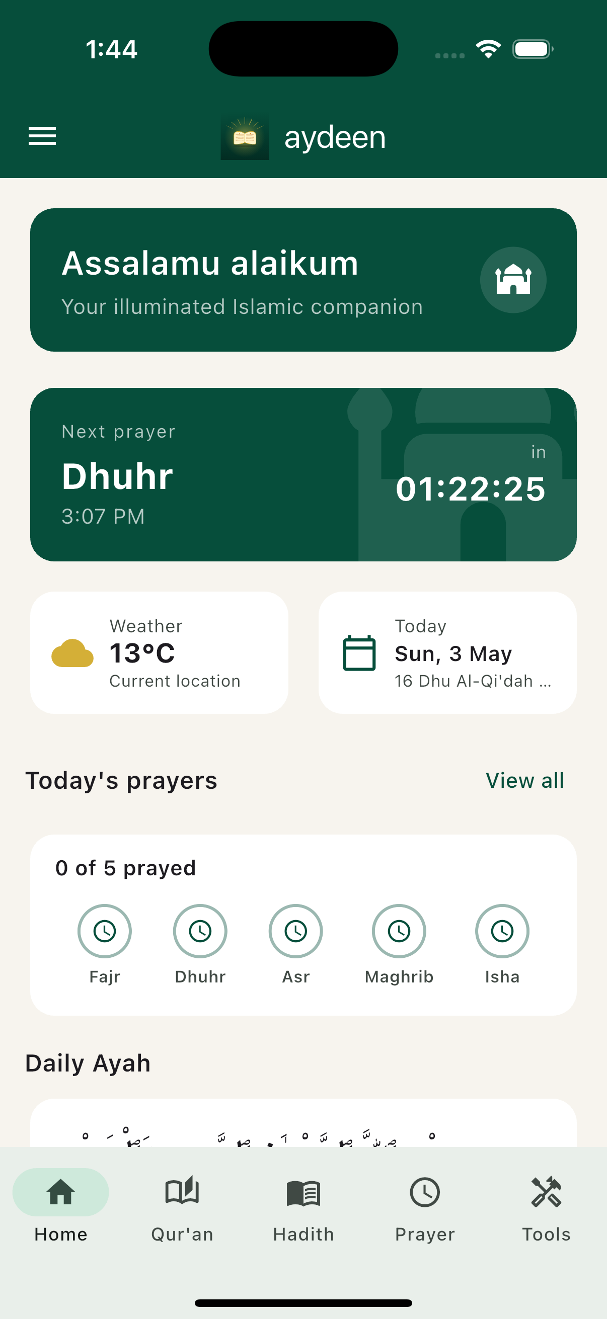 Aydeen home screen — Assalamu alaikum greeting, next prayer countdown to Dhuhr, weather card, today's prayer tracker, daily ayah
